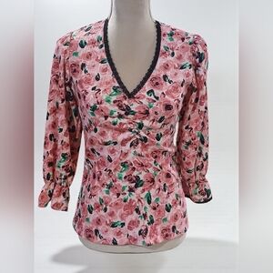 Savida Rose Floral Dark Romantic Lace Womans Top Balloon Ruffle Sleeves XS